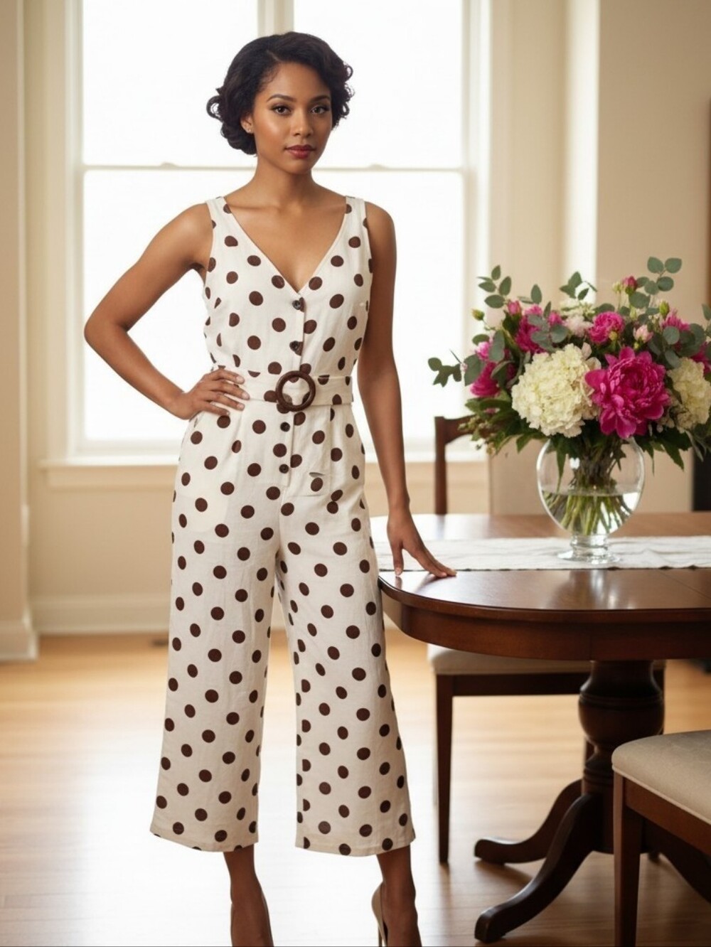 Monteau Los Angeles Brown Polka Dot Wide‑Leg Jumpsuit w/Belt & Pockets Sz Small
